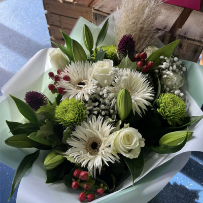 Always Classy - A gorgeous handtied created using white and green flowers with complimentary foliage. Hand delivered with care in and around Newcastle by Fantasia Florist.