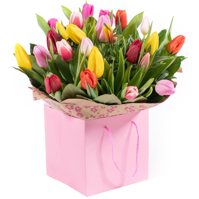 Tulip Temptations - A cheerful tulip posy hand-tied featuring a variety of beautiful colours carefully selected by the local florist. Hand-delivered in a gift bag or box.